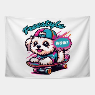 Maltipoo skating. Freestyle. Cute dog. Colorful. Playful Tapestry