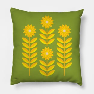 LOVE ME LOVE ME NOT Folk Art Mid-Century Modern Scandi Floral in Yellow and Orange on Green - UnBlink Studio by Jackie Tahara Pillow