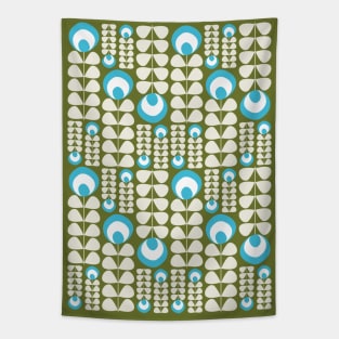 Green, Light Blue, Cream Mid Mod Flowers Pattern Tapestry