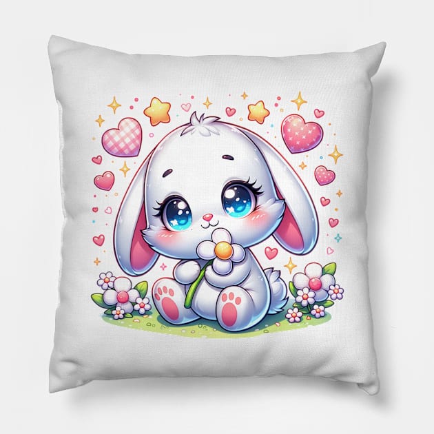 Cute White Bunny Hugging Flower 🐰🌼 Pillow by Pink & Pretty