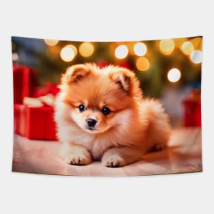 Cute Pomeranian Puppy's First Christmas Tapestry