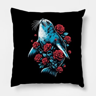 Cute Seal Red Roses Pillow