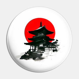 Japanese Temple With Red Circle Sumi e Ink Art Pin