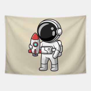 Cute Astronaut Holding Mini Rocket Cartoon Tapestry