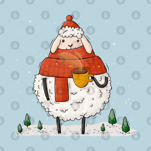 Cozy fluffy winter sheep with coffee by Tania Tania