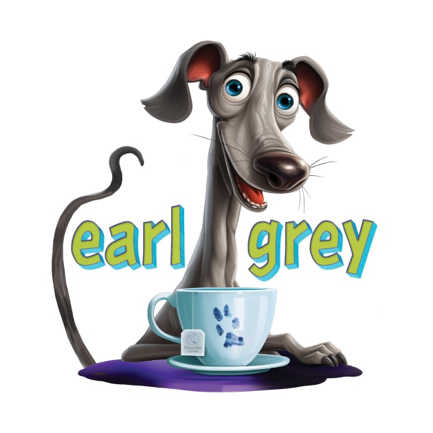 Earl Grey greyhound drinking a cup of tea by Houndie Love