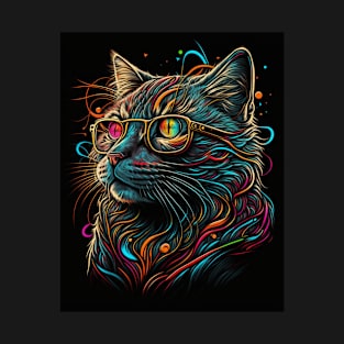 Retro Cat Art Wearing Glasses Splash Abstract Vibe Watercolor Vintage T-Shirt