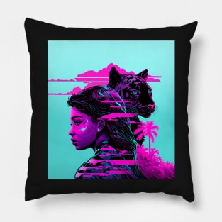 Girl and Panther vaporwave style Pillow