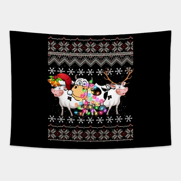 Funny Christmas Three Cow Farm Cute Gift Love Lights Santa Hat Tapestry by thuden1738