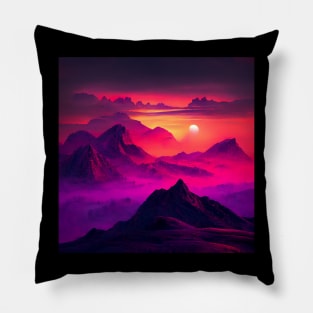 Vaporwave Retrowave sunset mountains landscape purple pink fog Pillow