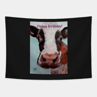 Happy Birthday greeting card featuring cow face Tapestry