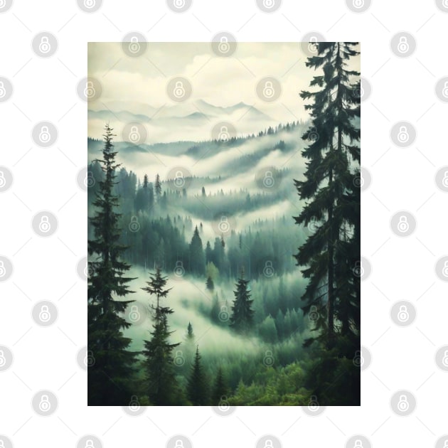 Misty fir forest retro style by Anik Arts