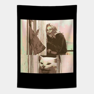 Table Cat and Yelling Woman Movie Parody Tapestry