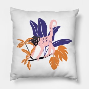 Crazy wild tropical monkey with monstera leaves Pillow
