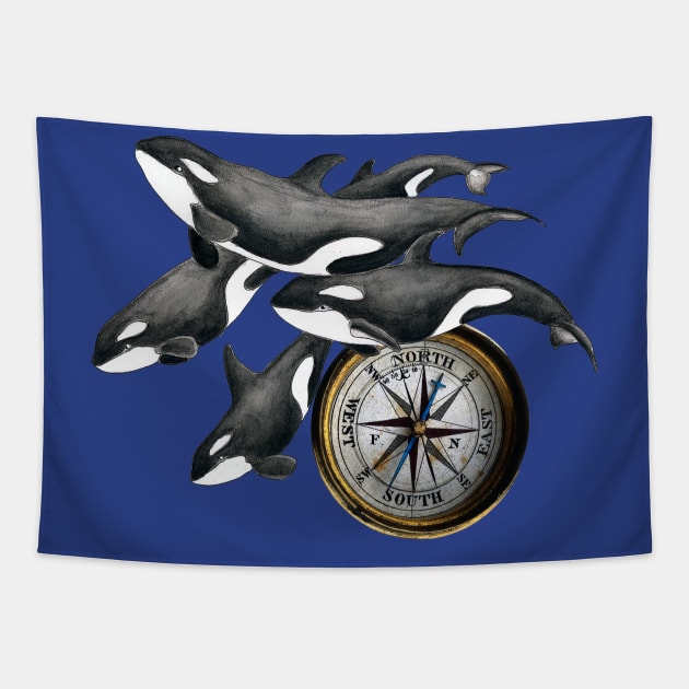 Orca whales pod and compass Marine Nautical Watercolor Art Tapestry by Seven Sirens Studios