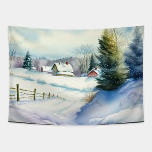 Chritsmas Snow Winter Watercolor Landscapes series 15 Tapestry