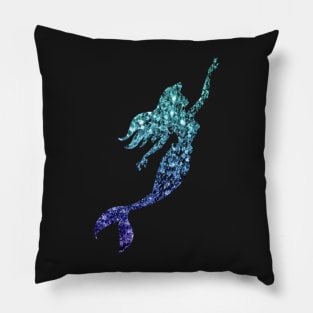 Teal and Blue Ombre Faux Glitter Mermaid Silhouette Pillow