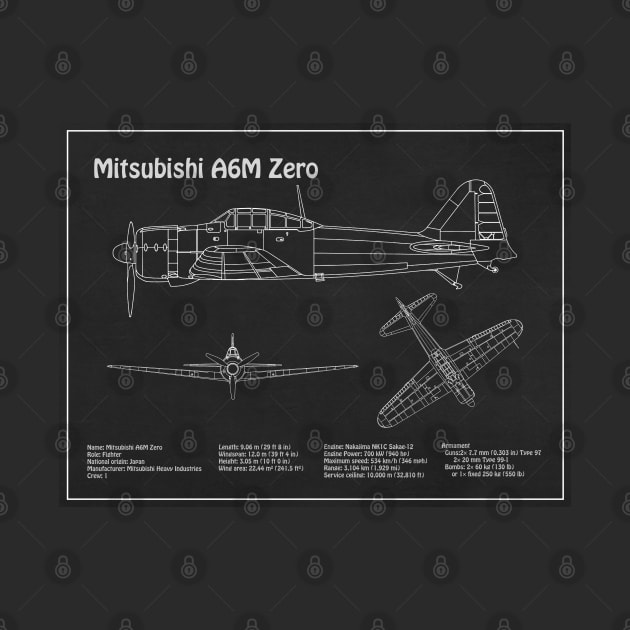 Mitsubishi A6M Zero Airplane Blueprint - PD by SPJE Illustration Photography