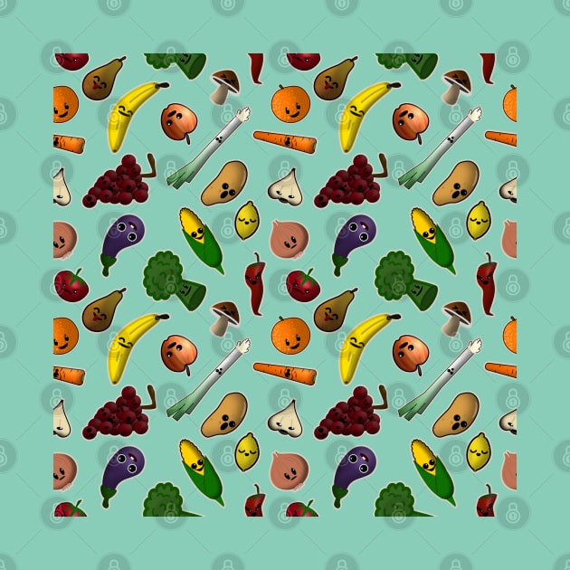 Kawaii Cute Fruits and Vegetables Pattern by Mewzeek_T