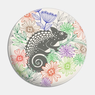 CHAMELEONS JUST WANNA HAVE FUN Cute Reptile Lizard with Rainforest Jungle Flowers in Retro Gray - UnBlink Studio by Jackie Tahara Pin