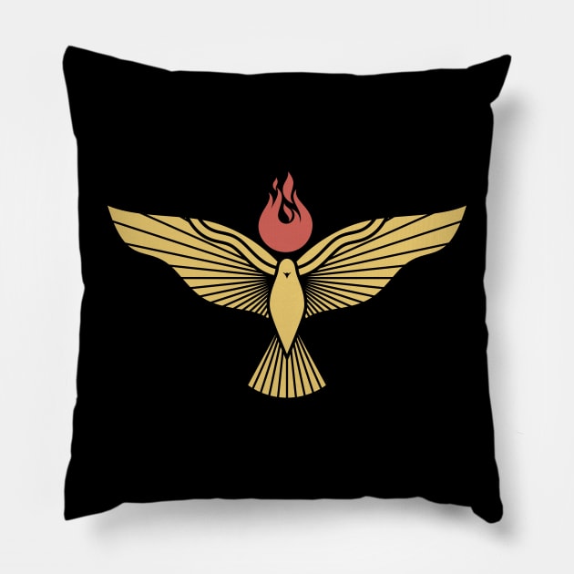 The dove and the flame of fire are symbols of God's Holy Spirit, peace and humility Pillow by Reformer
