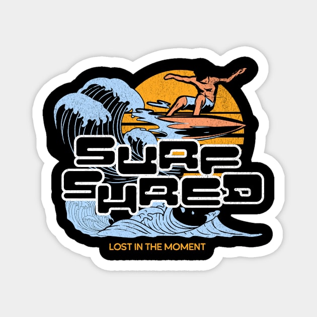 Surf Shred T-Shirt: Surfer with Retro Sunset - Wave Riding Tee Magnet by Designed By Marty