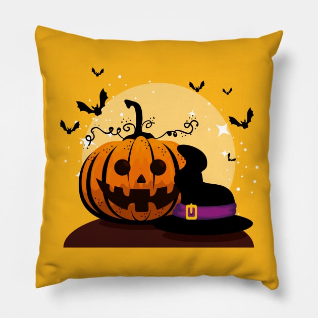 Halloween card with pumpkin witch hat Pillow by Thumthumlam