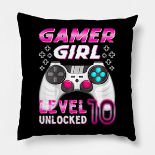 Kids 10th Birthday Gamer Girl Level 10 Unlocked Video Gamer Pillow