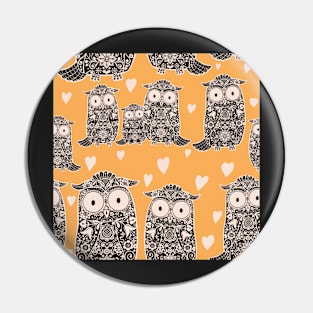 Folk Art Owls, Owlets and Hearts Pattern on Yellow Pin