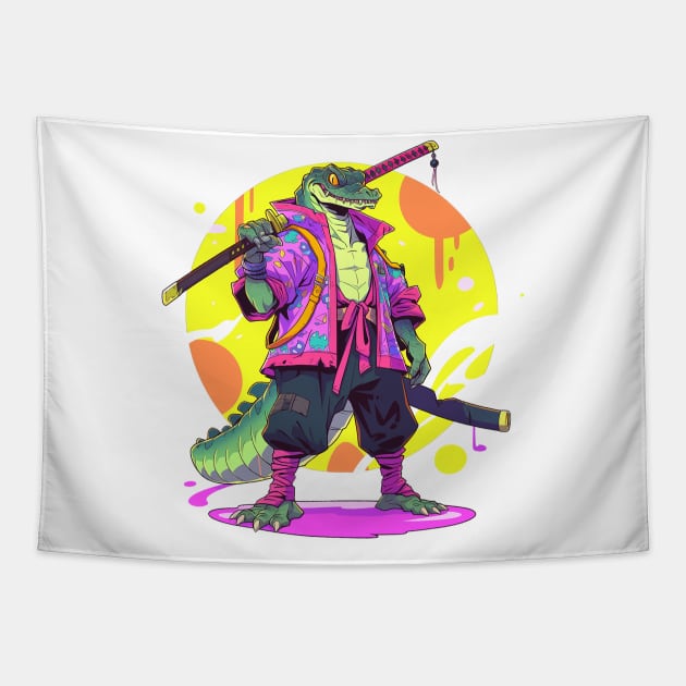 samurai crocodile Tapestry by piratesnow