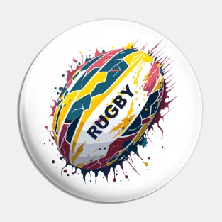 Multicolored rugby ball with paint drops explosion Pin