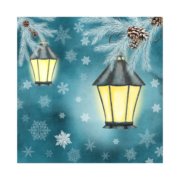 Antique streetlamps watercolor illustration. Winter snowflakes fantasy background. Vintage streetlights. Spruce tree branches by likapix