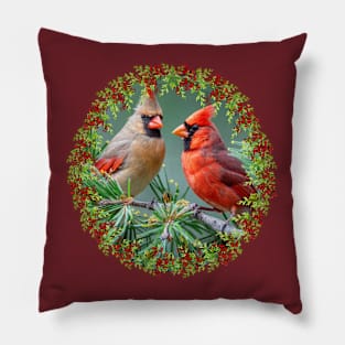 Red Cardinals Holly Berries & Pine Christmas Pillow