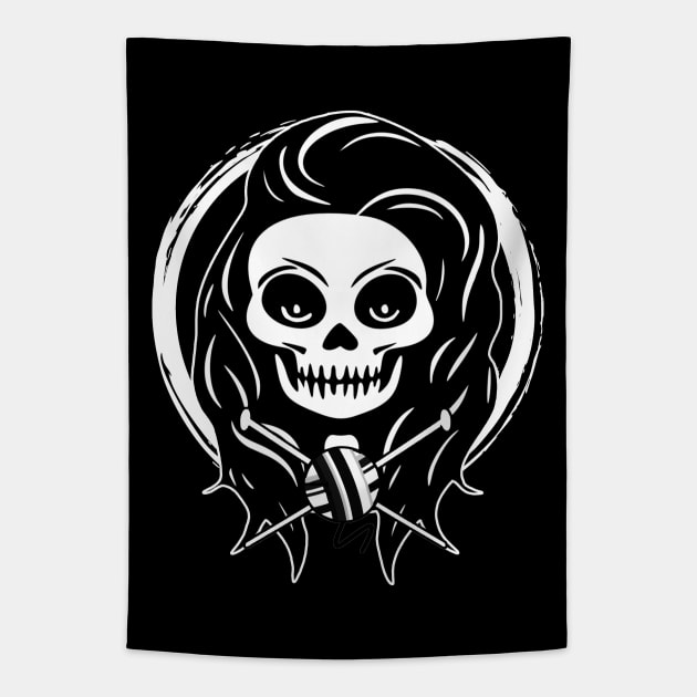 Female Knitter Skull and Knitting Needles White Logo Tapestry by Nuletto