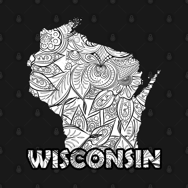 Mandala art map of Wisconsin with text in white by Happy Citizen