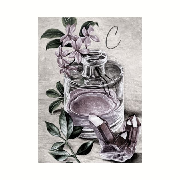 'C' vintage print perfume & rose quartz - personalized by LukjanovArt