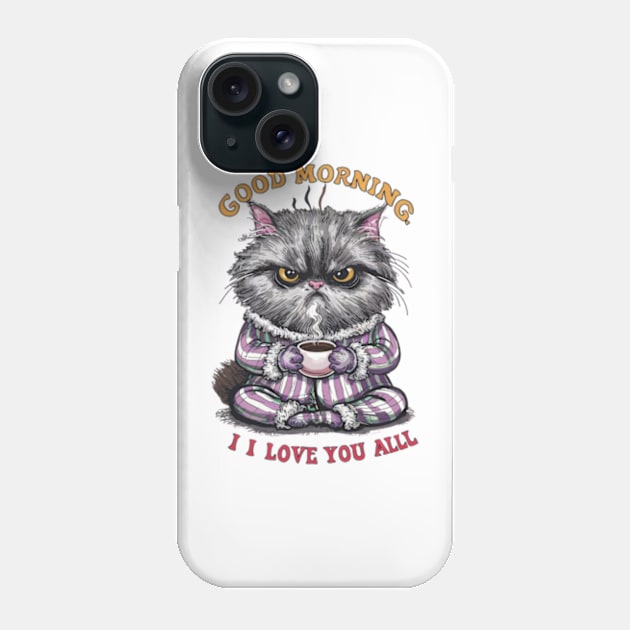 Print design of a cute Persian cat, wearing cozy pajamas and holding a steaming cup of coffee.2 Phone Case by YolandaRoberts