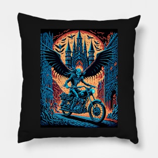 Skeleton Riding Motorbike - Orange Moon Pillow
