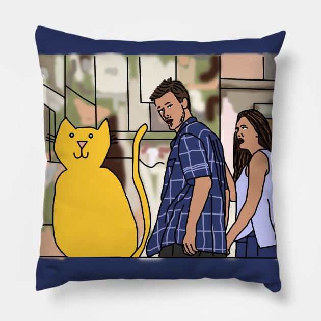 Distracted Boyfriend Meme Yellow Cat Pillow by ellenhenryart