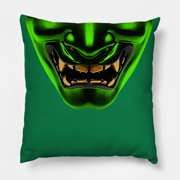 Demon Mask - Green Pillow by BigOrangeShirtShop