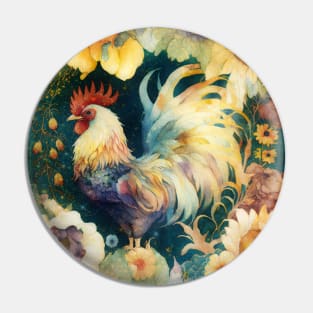 Cute Watercolor Floral Rooster, Farm Animal Pin