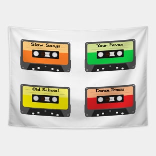 Mixtapes Pack. Set of Four Retro Cassette Mix Tapes in Vintage Colors. Slow Songs, Your Faves, Old School and Dance Tracks. (White Background) Tapestry