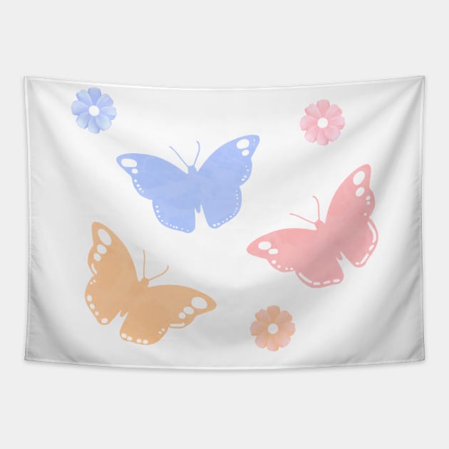 Pink Blue Yellow Monarch Butterfly Flowers Pattern Set Tapestry by yellowpomelo