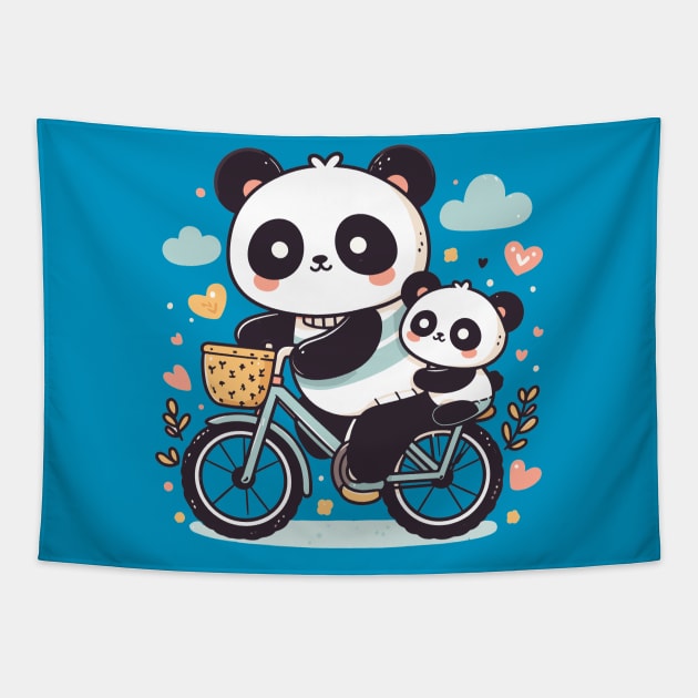 Pandas family riding on a bicycle Tapestry by Coowo22