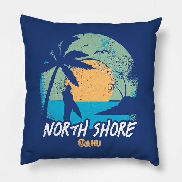 Retro Sunset North Shore Oahu Hawaii Surfing // Retro Surfer Beach Pillow by Now Boarding