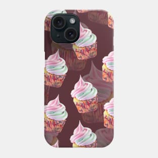 Unicorn Cupcakes Pattern on Dark Burgundy Background Phone Case