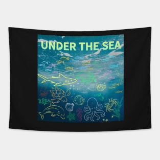 under the sea,blue sea,sea creatures,Turtle, puffer fish, starfish, shrimp, shark, tropical fish, sea horse, seaweed, sardines, squid, crabs, clams Tapestry