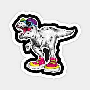 Vector cool dinosaur in a cap, glasses and sneakers. Magnet