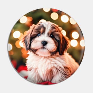 Cute Havanese Puppy Dog by Christmas Tree Pin