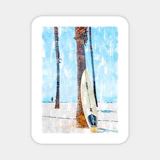 Surf Board Leaning Against Coconut Tree Magnet